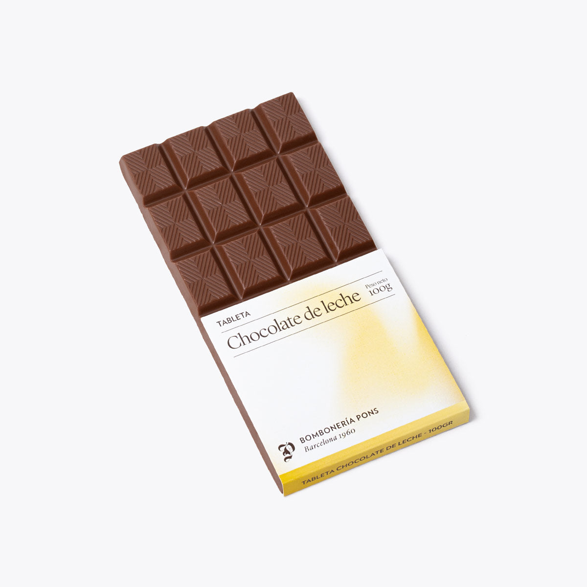 Presentación de Tableta chocolate leche 100g, en formato a granel.