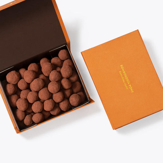 Macadamias al cacao caja 500g en formato a granel.