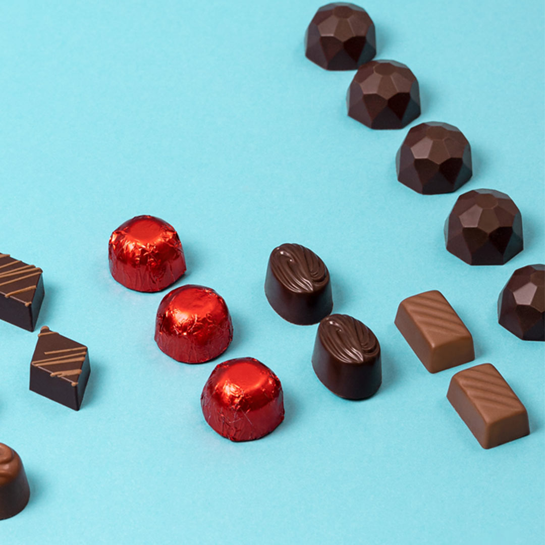 Presentación de Bombones sin azucar caja corazon 150g, en formato a granel.