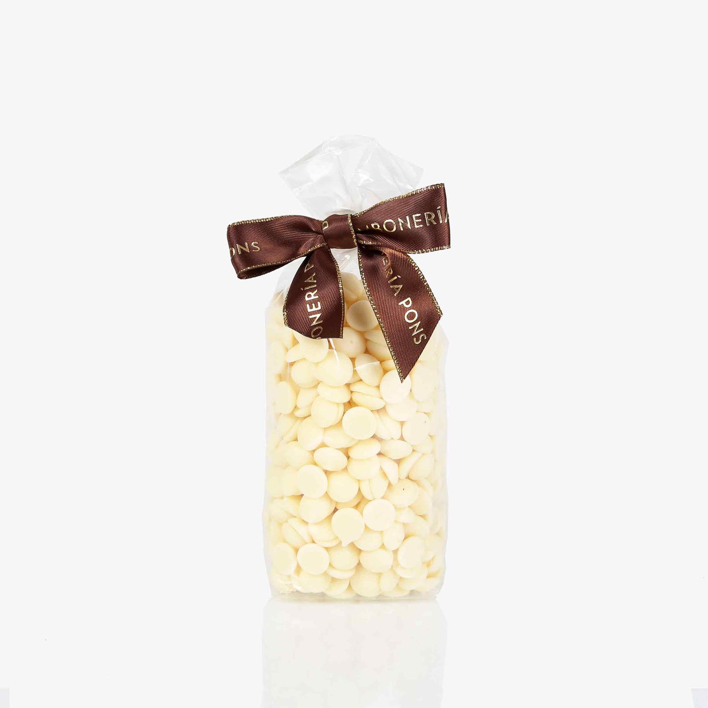 Presentación de Gotas chocolate blanco bolsa 250g, en formato a granel.