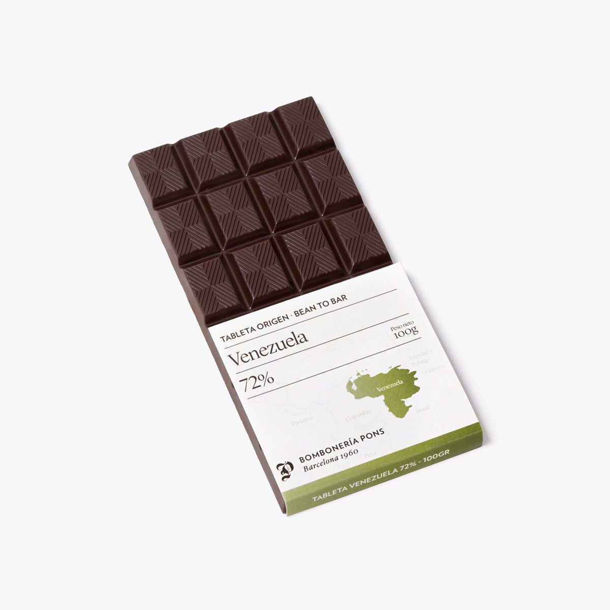 Venezuela tableta de chocolate negro 72 100g, disponible en presentación a granel.