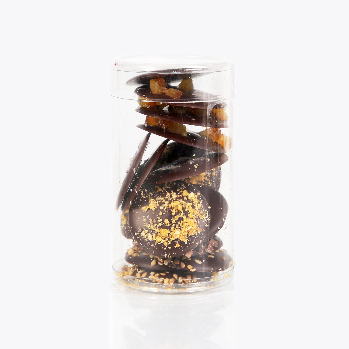 Presentación de Chips de chocolate tubo 75g, en formato a granel.