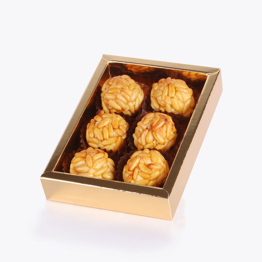 Panellets de pinon sin azucar caja regalo 6 uds, disponible en presentación a granel.