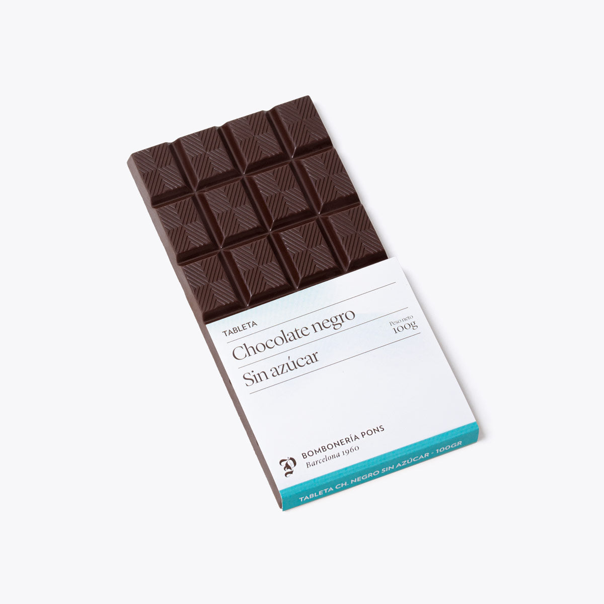 Tableta chocolate negro sin azucar 100g, disponible en presentación a granel.