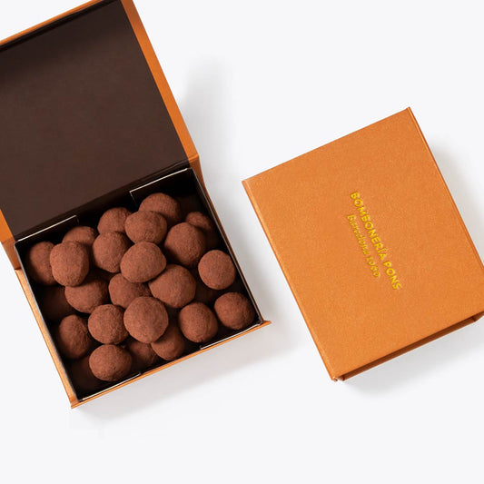 Macadamias al cacao caja 250g, disponible en presentación a granel.