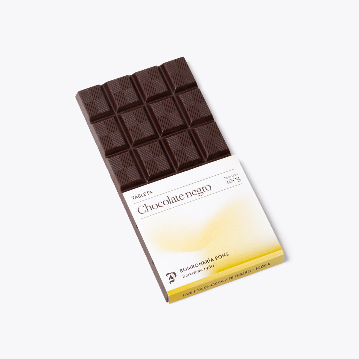 Tableta chocolate negro 100g, disponible en presentación a granel.