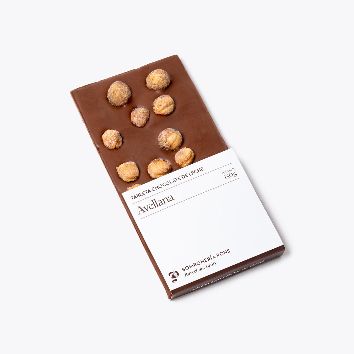 Presentación de Tableta con avellana 130g, en formato a granel.
